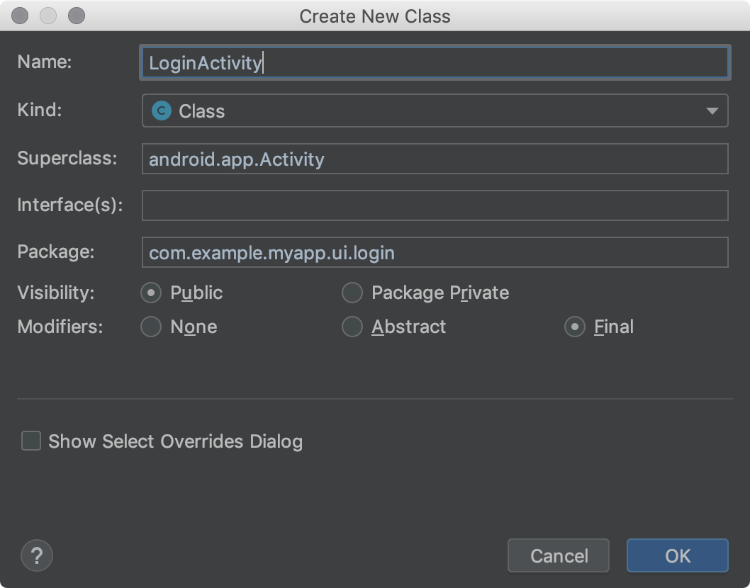 「Create New Class」對話方塊。