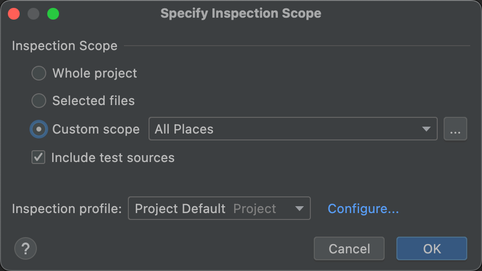 Caixa de diálogo &quot;Specify Inspection Scope&quot;.