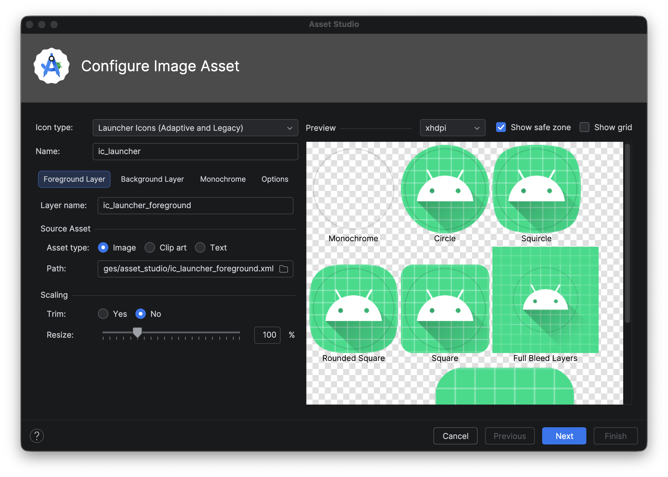 The adaptive and legacy icon wizard in Image Asset Studio.