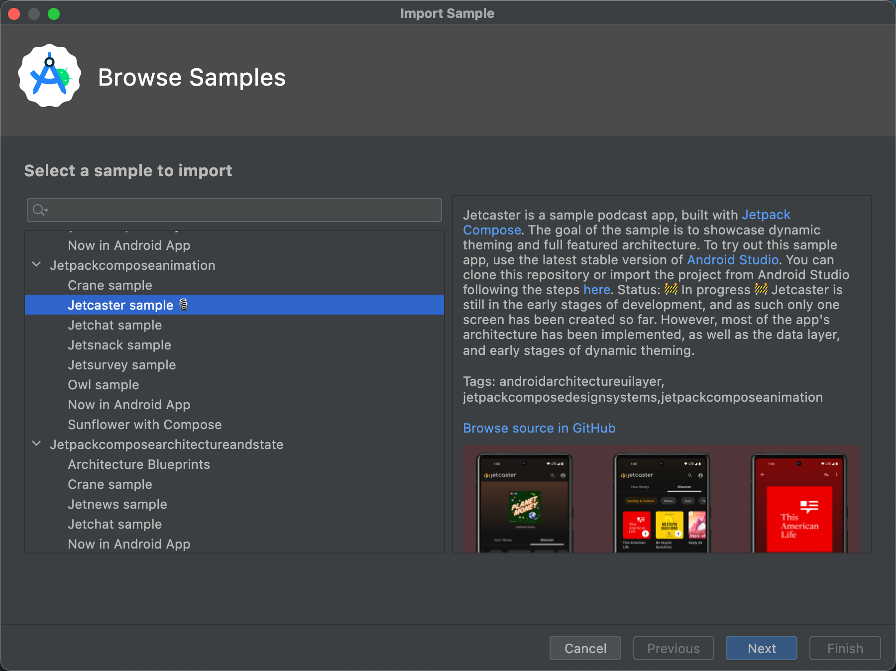 The Browse Samples dialog