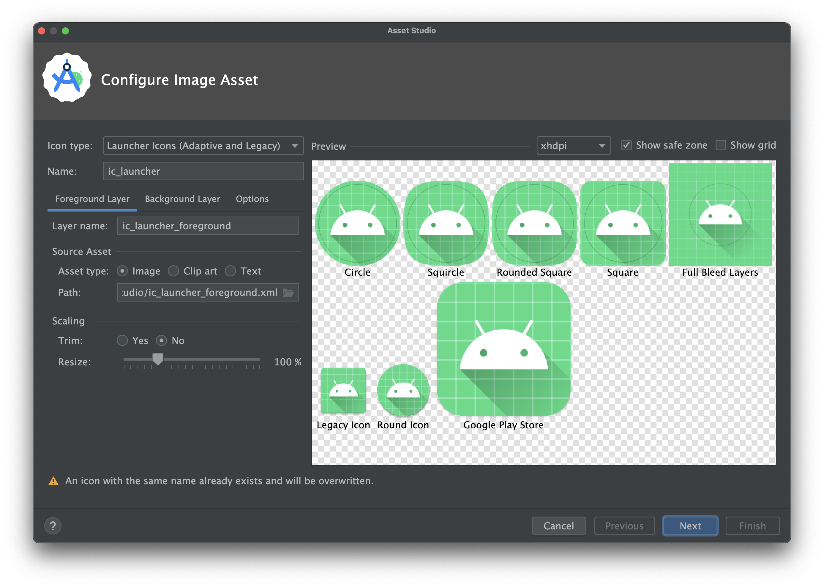 Wizard ikon adaptif dan versi lama di Image Asset Studio.