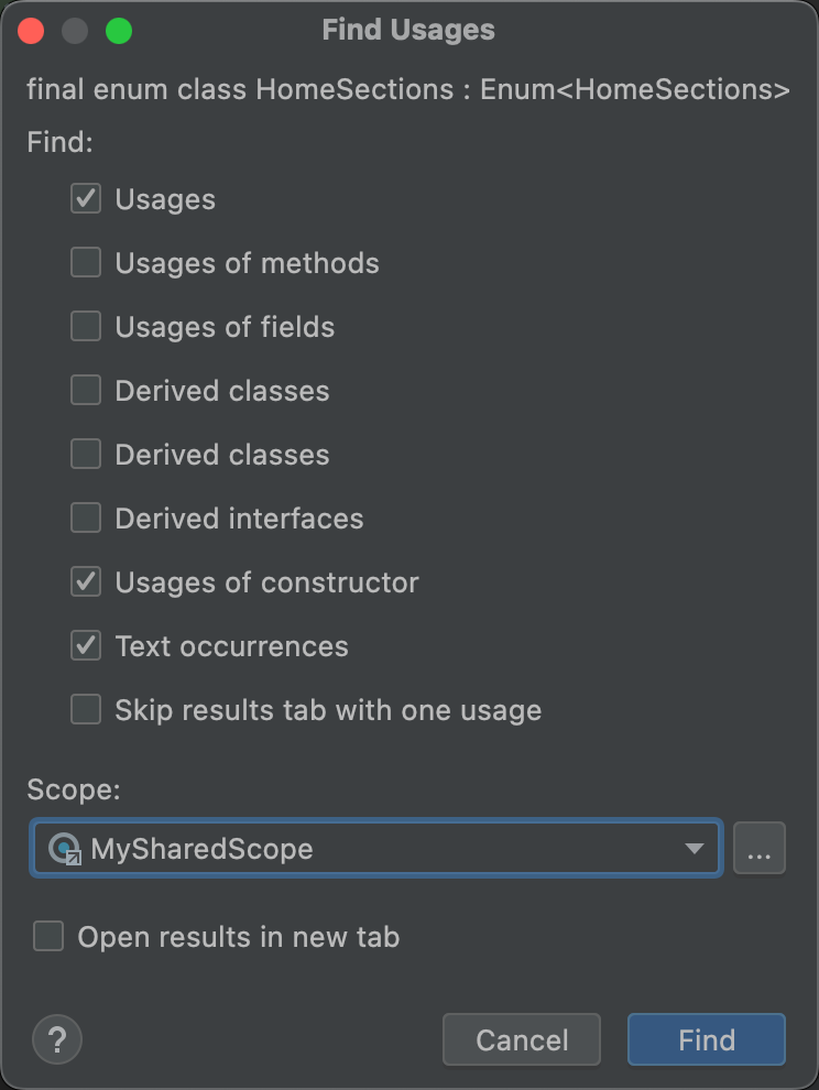 Select a shared scope from the Find Usages dialog