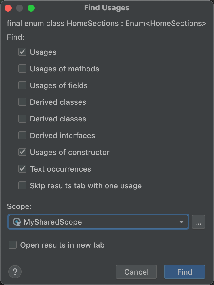 Chọn một phạm vi dùng chung trong hộp thoại Find Usages (Tìm trường hợp sử dụng).