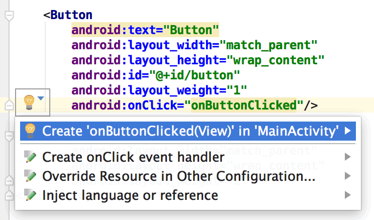 Le QuickFix pour l'attribut onClick ne fonctionne que si vous avez défini tools:context.