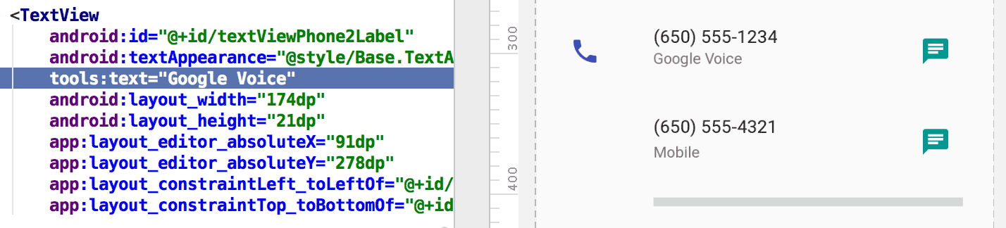 tools:text एट्रिब्यूट, लेआउट की झलक के लिए Google Voice को वैल्यू के तौर पर सेट करता है