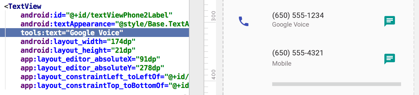 tools:text 属性によりレイアウト プレビュー用の値として Google Voice を設定