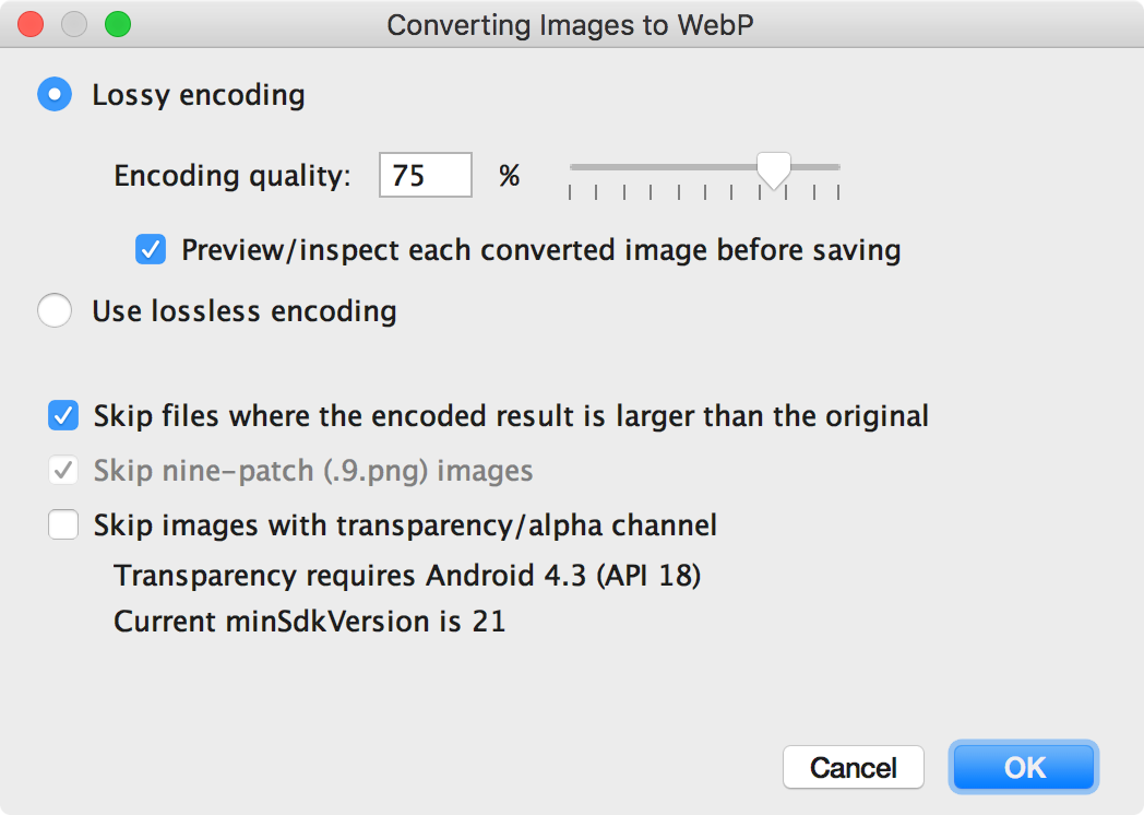 A caixa de diálogo Converting Images to WebP