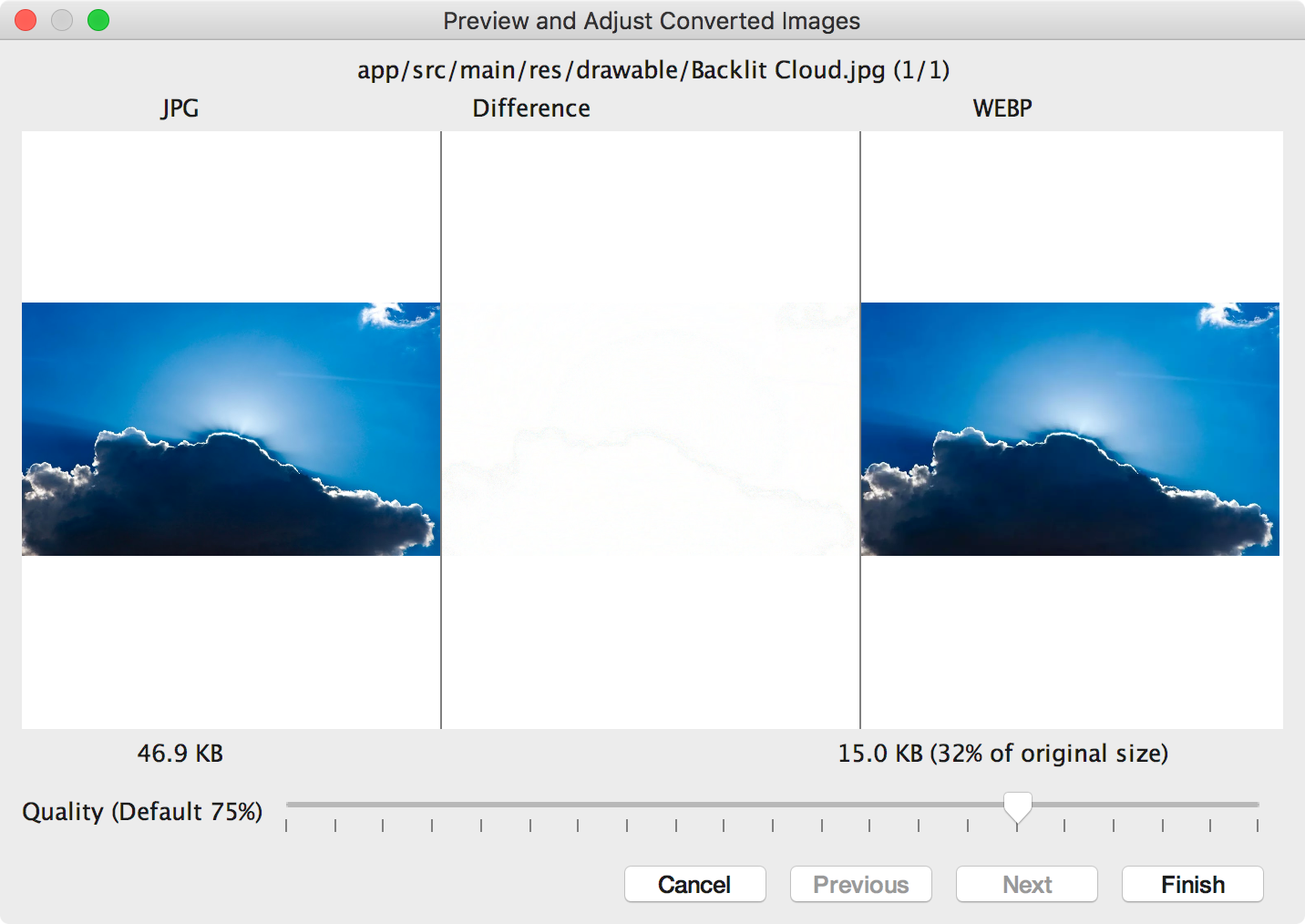 Conversione di un formato JPG in formato WebP con una qualità del 75%