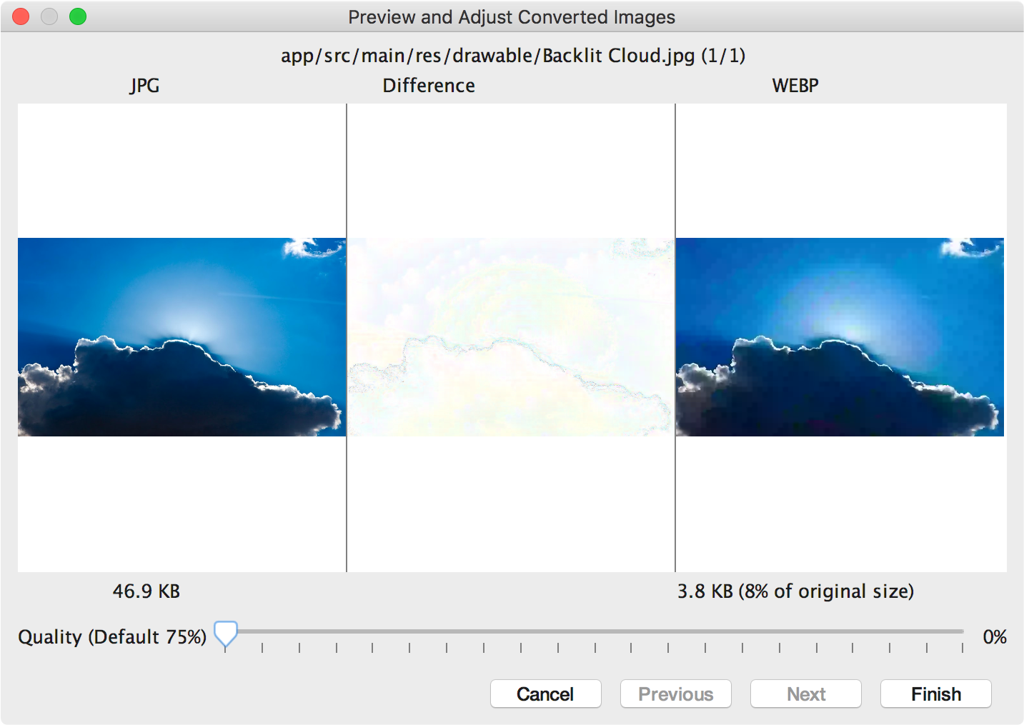 Mengonversi format JPG ke WebP dengan kualitas 0%