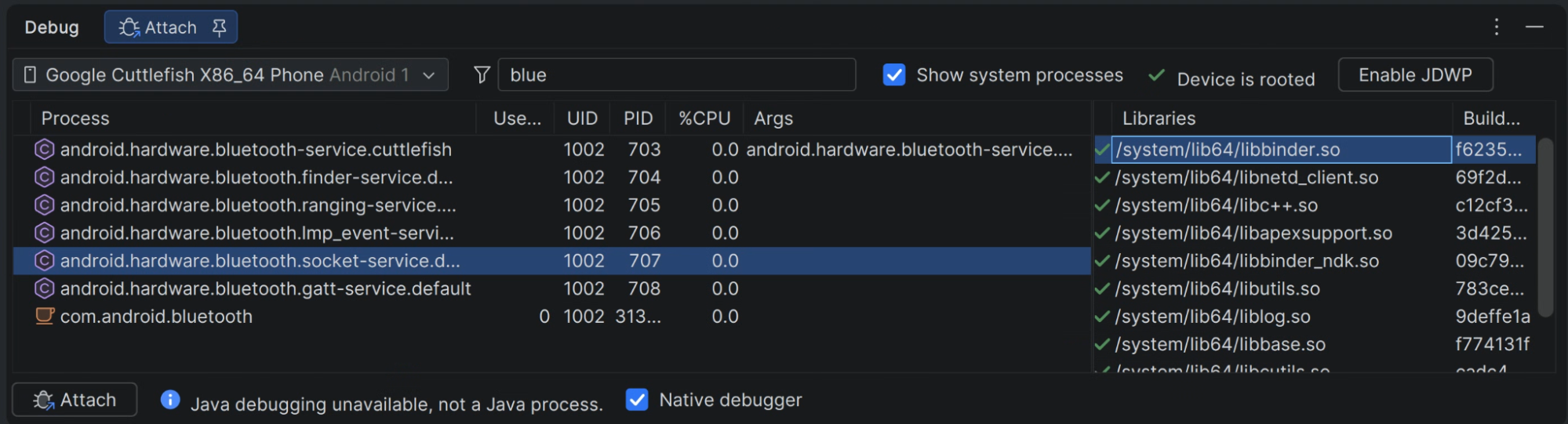 Attach tab showing the Libraries table, ELF Build IDs, and local symbol checkmarks