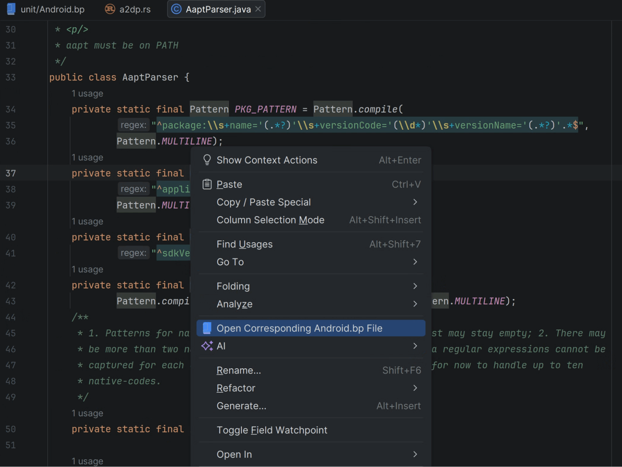 開啟「Open Corresponding Android.bp File」(開啟對應的 Android.bp 檔案) 內容選單動作