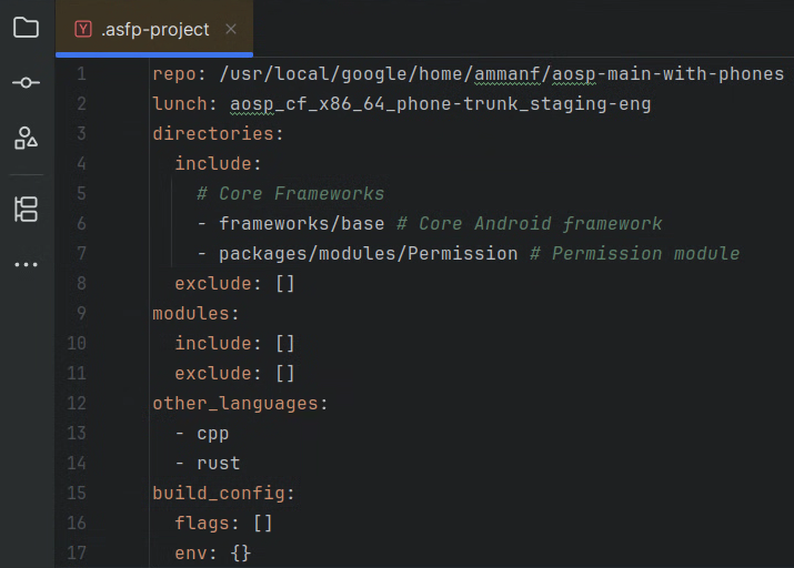 Configurazione del progetto YAML in ASfP