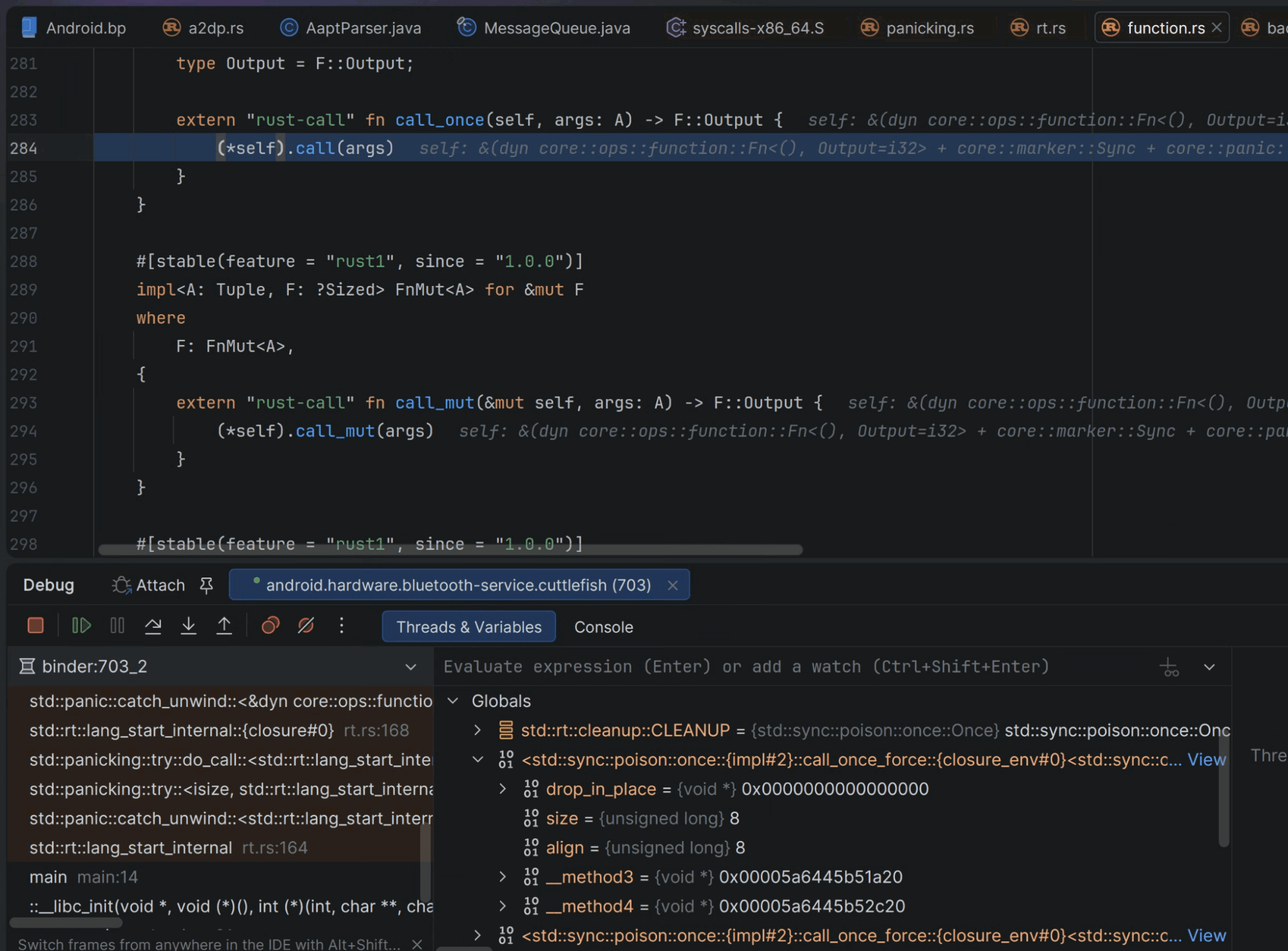Depuração de código da plataforma Rust com visualizadores de variáveis estruturadas no ASfP