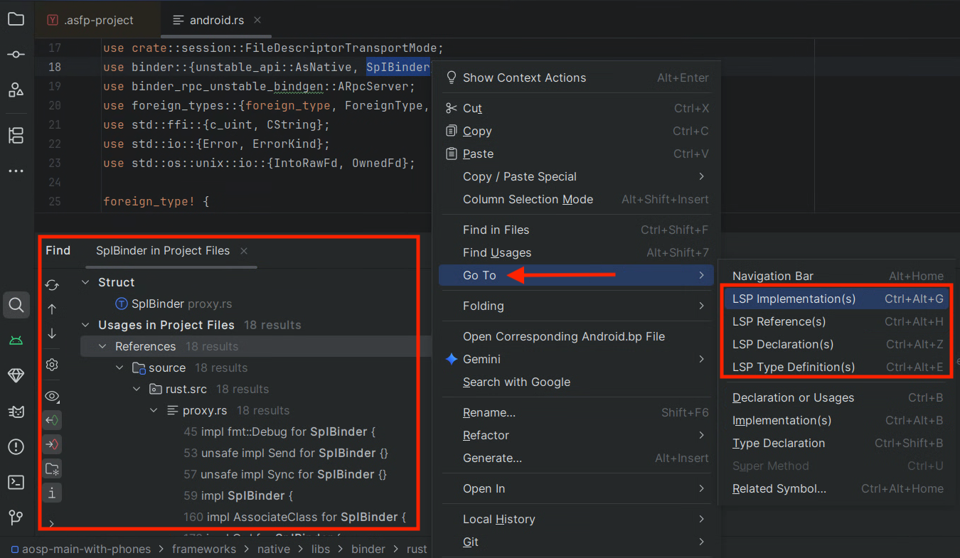 ตัวอย่างการไปยังส่วนต่างๆ ของโค้ด Rust