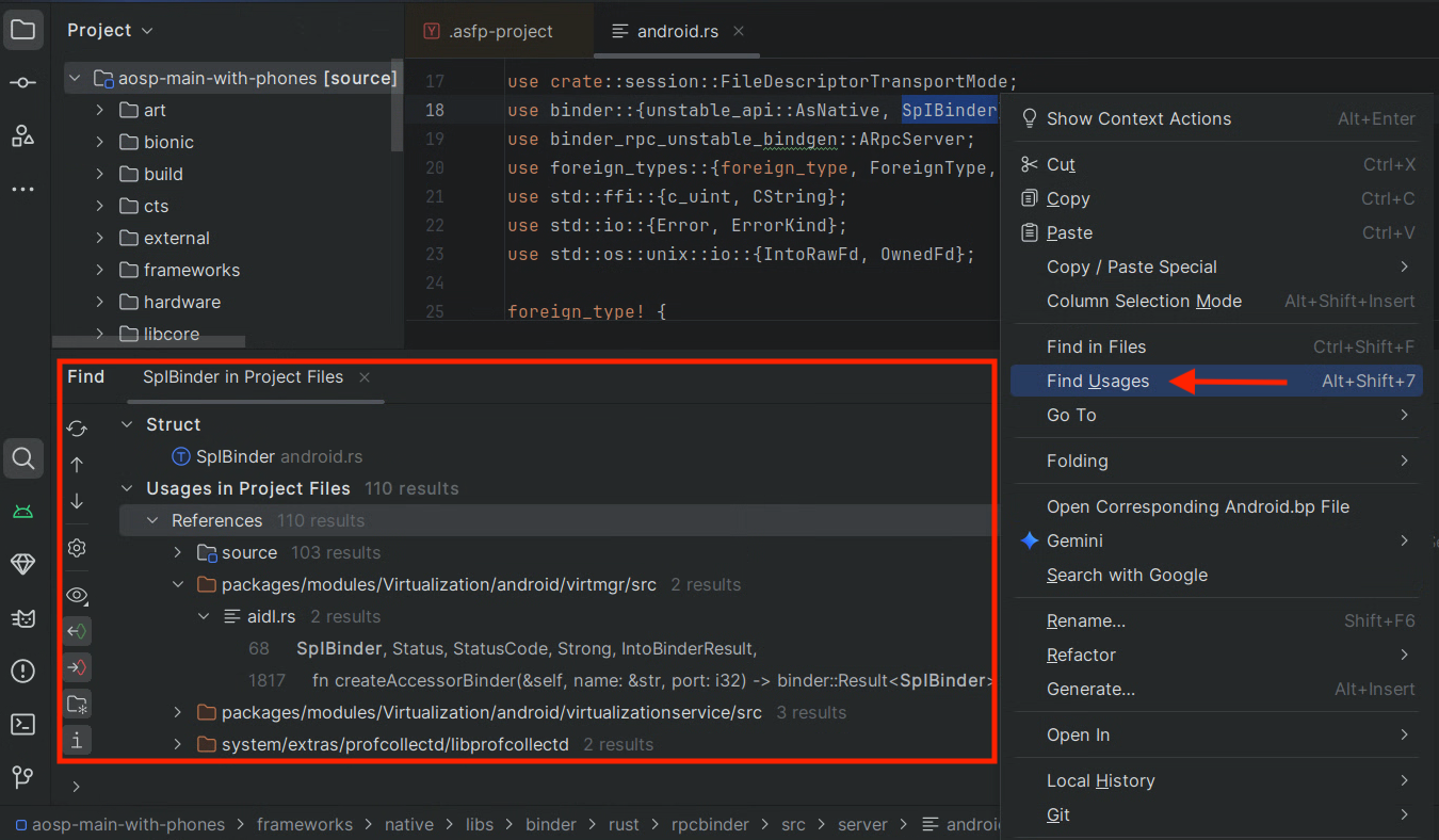 Exemple de recherche d&#39;utilisations Rust
