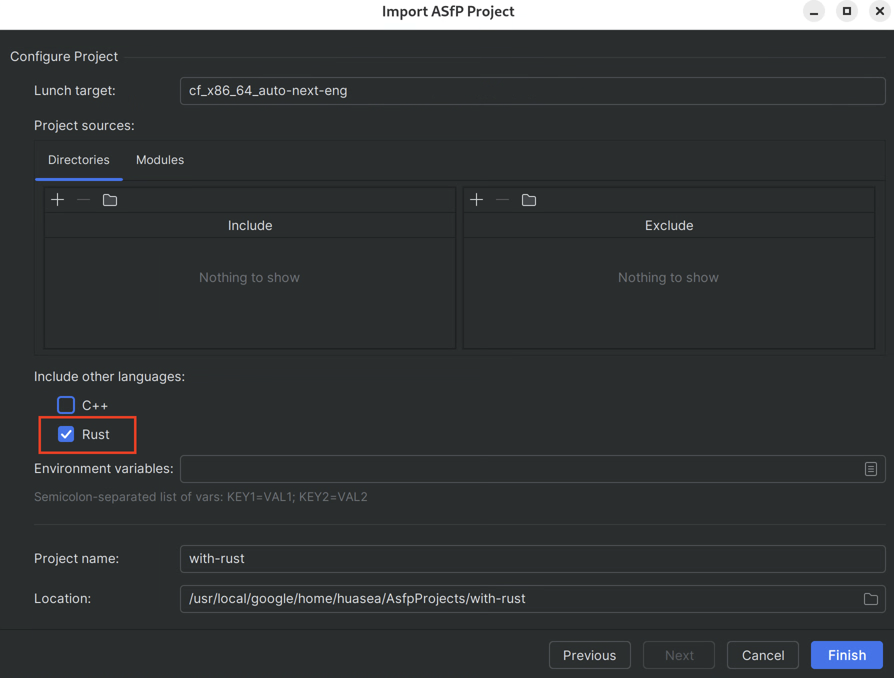 Case à cocher Rust dans l&#39;assistant de configuration d&#39;un nouveau projet.