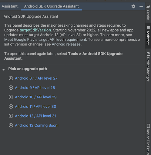 Android SDK Upgrade Assistant panel