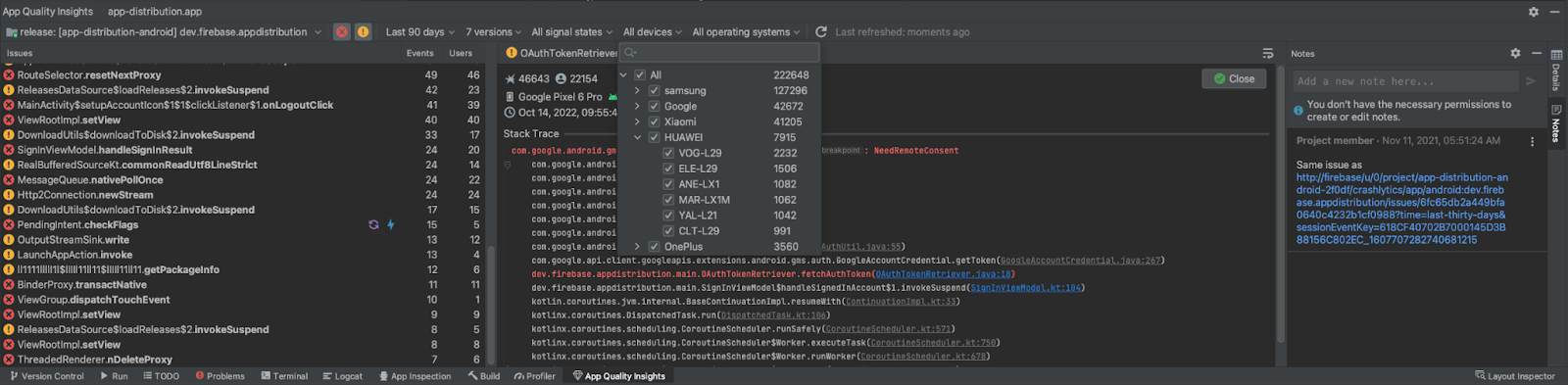 App Quality Insights with device filter open.