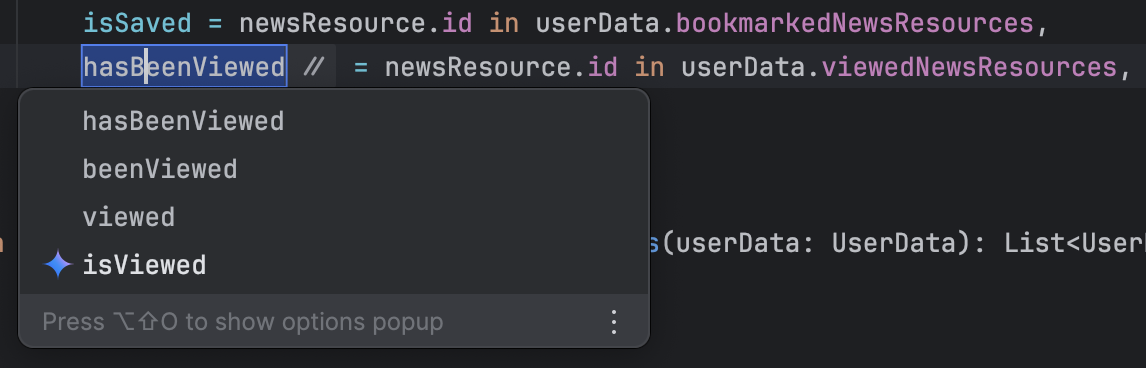 Action de refactoring &quot;Renommer&quot; de l&#39;éditeur de code affichant des suggestions de noms.
