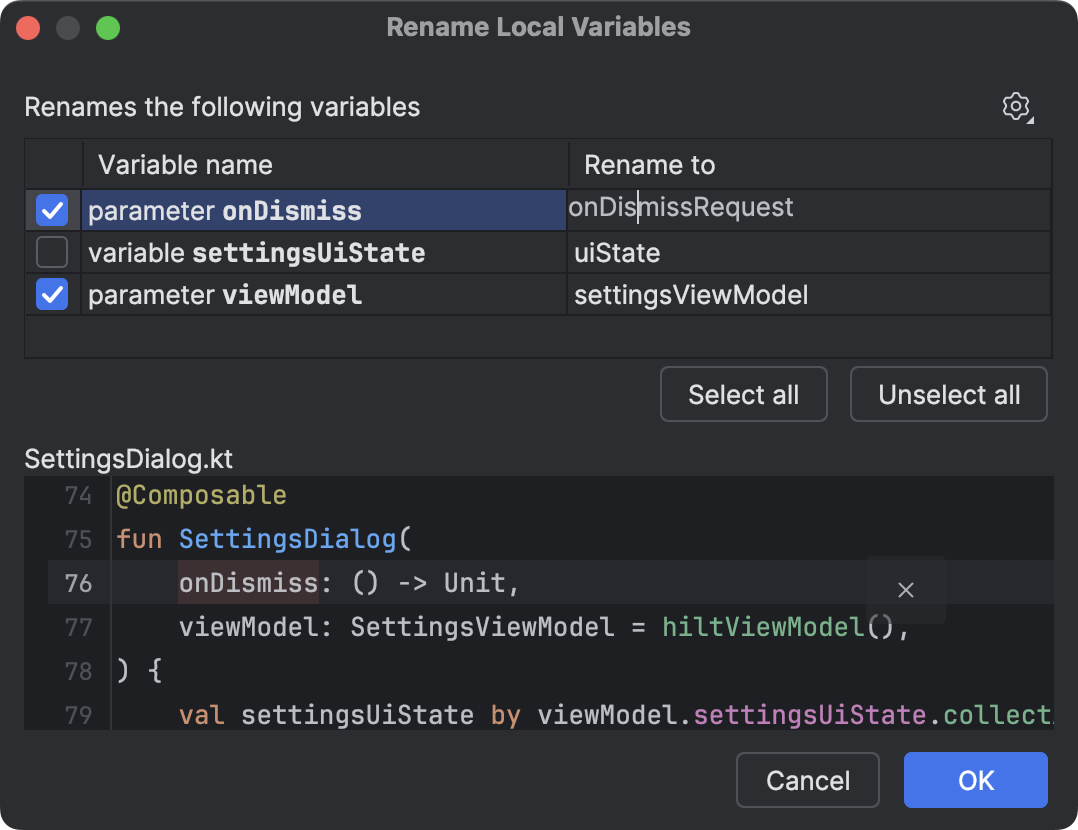 Das Dialogfeld „Lokale Variablen umbenennen“ im Code-Editor mit Vorschlägen für Namen