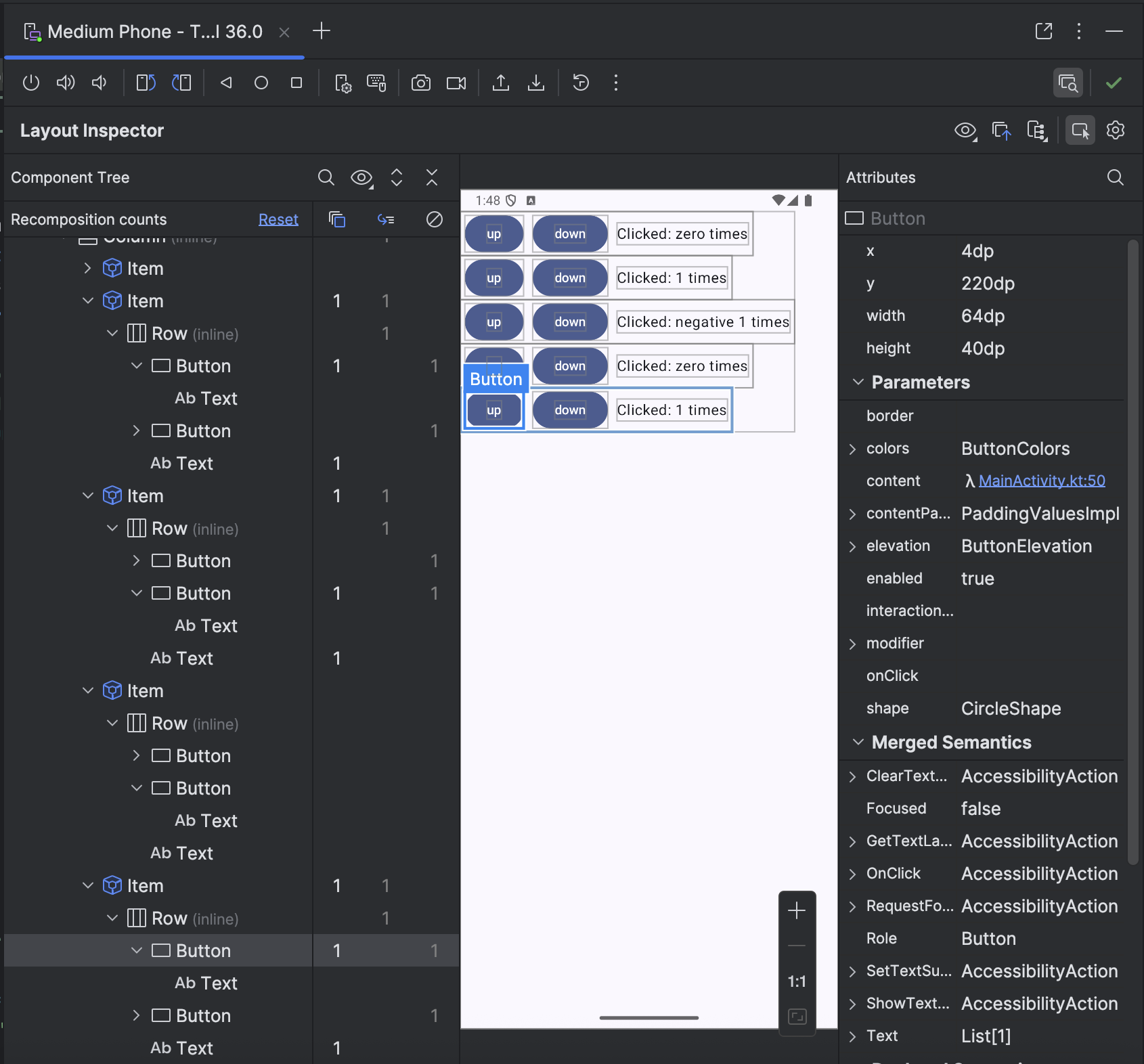 Layout Inspector mendukung jumlah rekomposisi Turunan