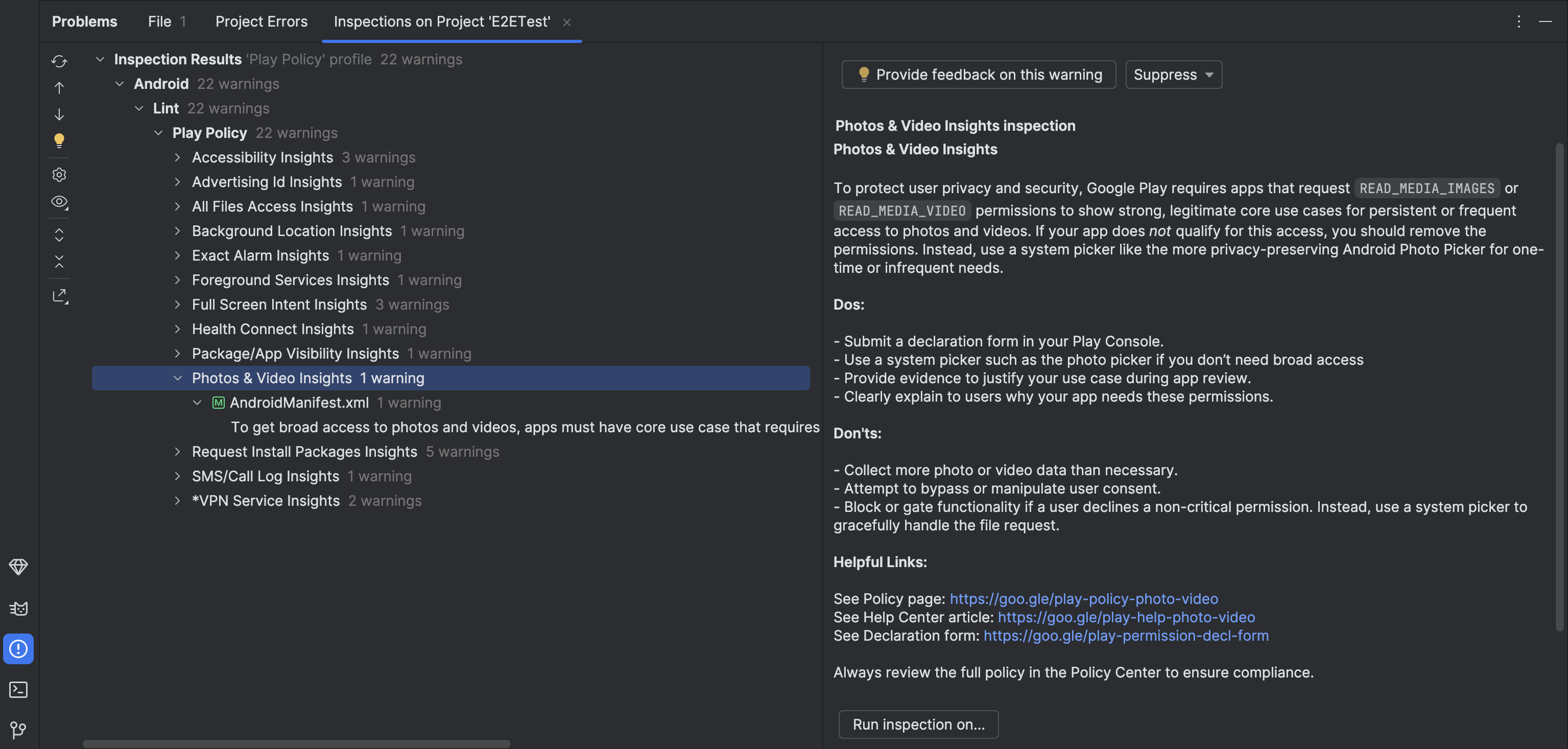 Play Policy Insights в Android Studio