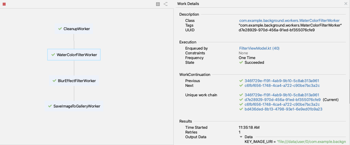 Cadeia de workers do WorkManager Inspector