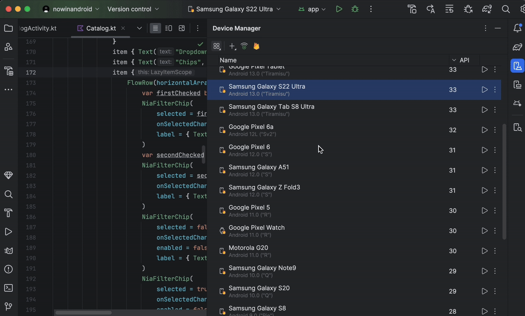 Animation montrant l&#39;utilisation du streaming d&#39;appareils dans Android Studio.