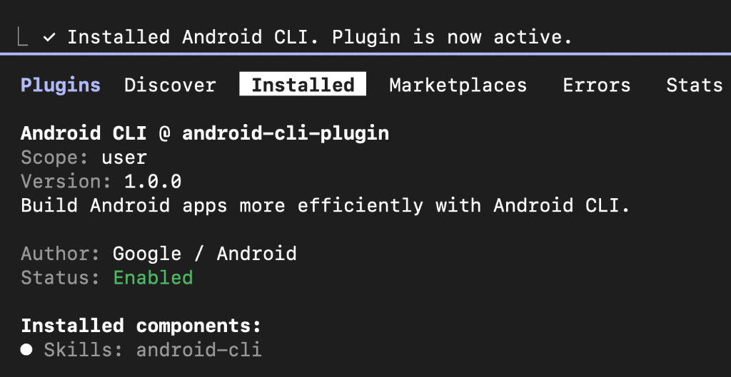 Claude Code-এ Android CLI প্লাগ-ইন ইনস্টল ও চালু করা হয়েছে।