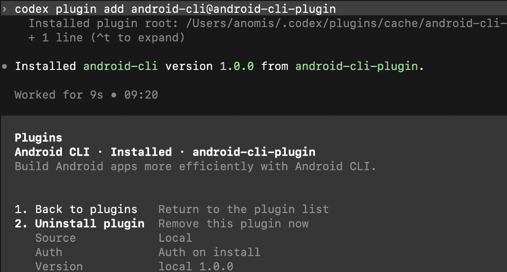 تم تثبيت مكوّن Android CLI الإضافي في Codex.