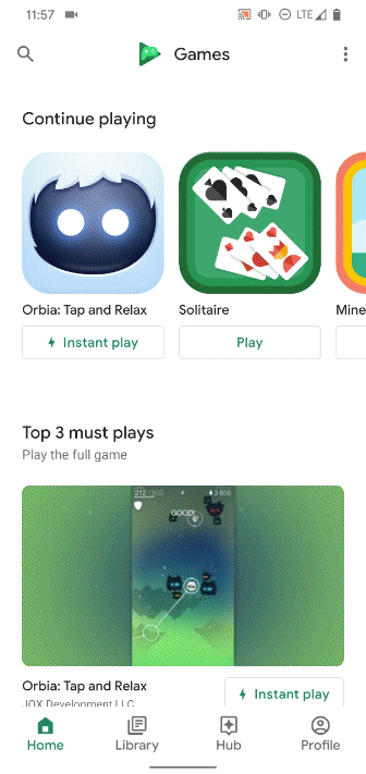 Instant play games appear in the Google Play Games app