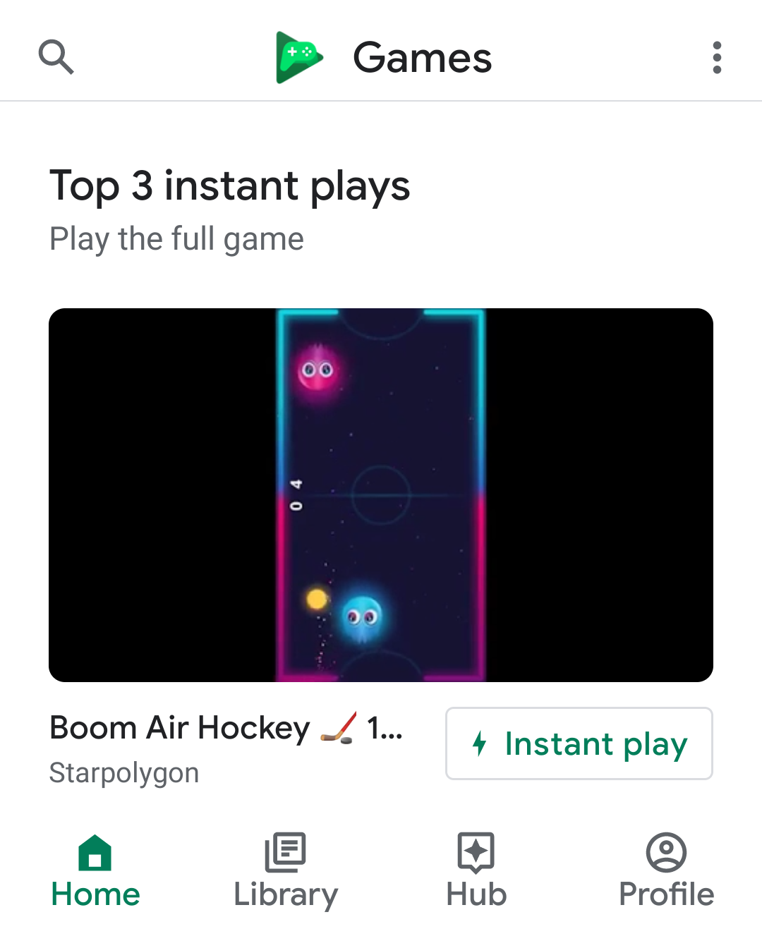 The 'Instant play' button appears in the Google Play Games app