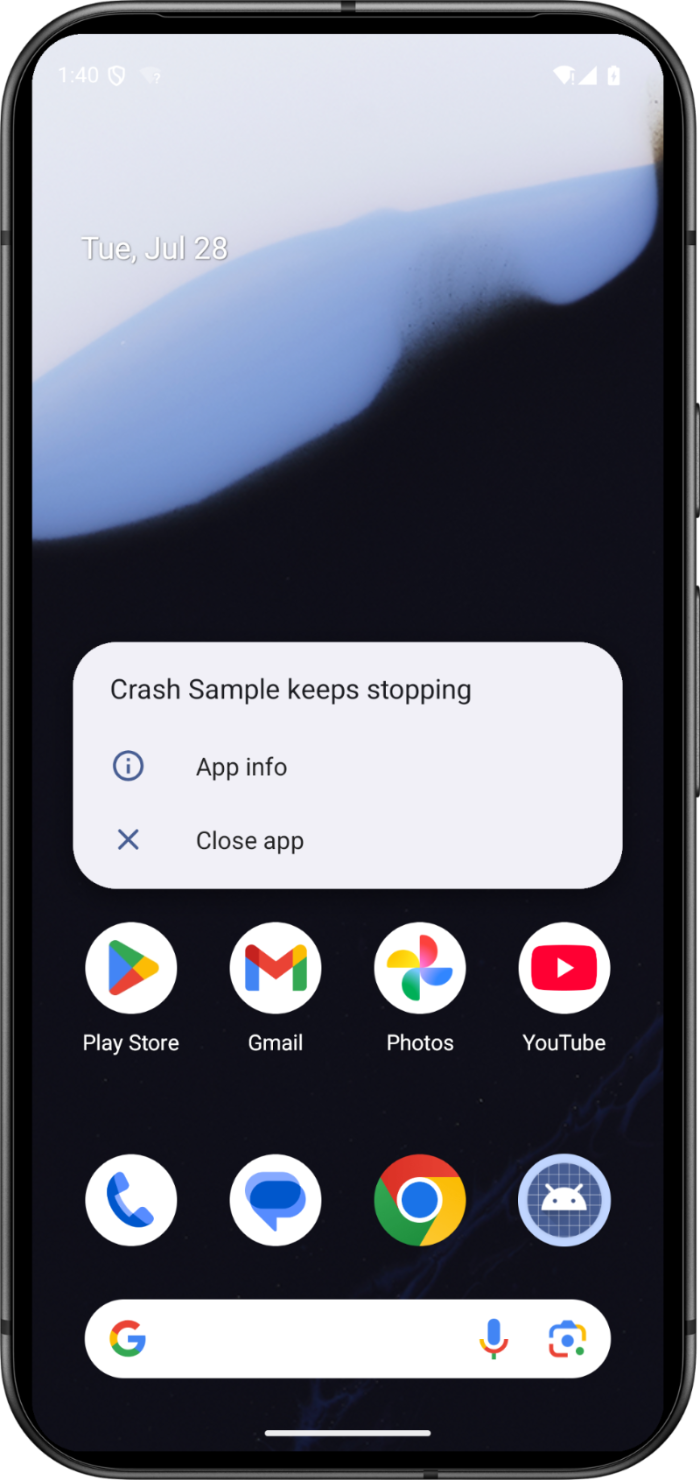 An app crash on an Android-powered device