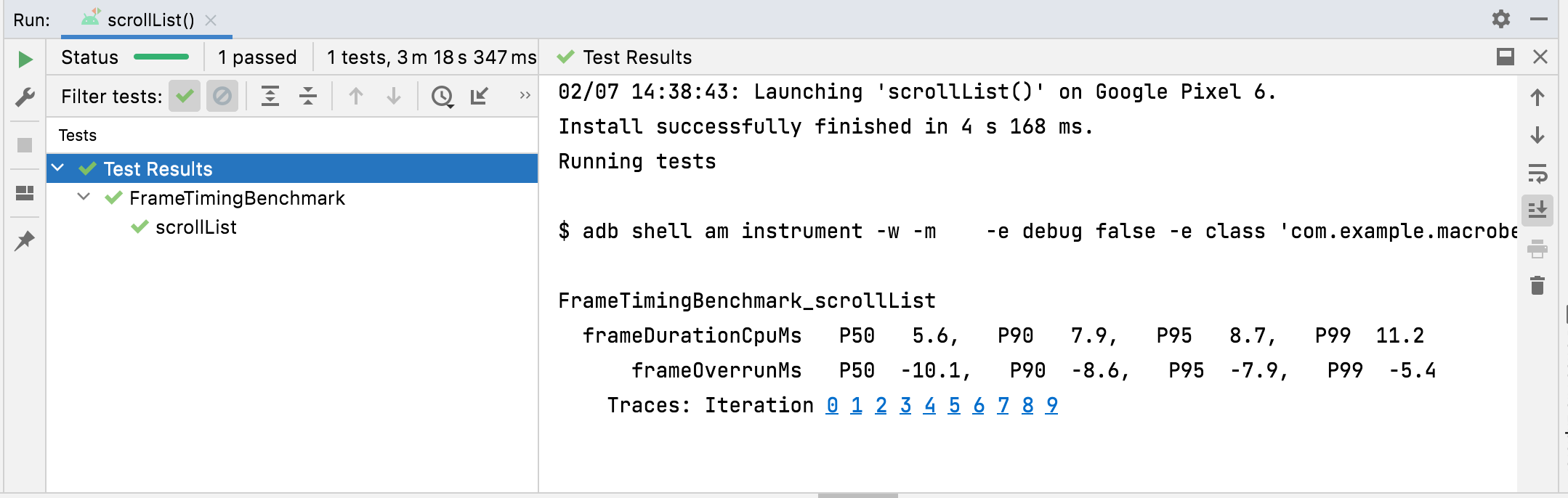 ผลลัพธ์ของ FrameTimingMetric