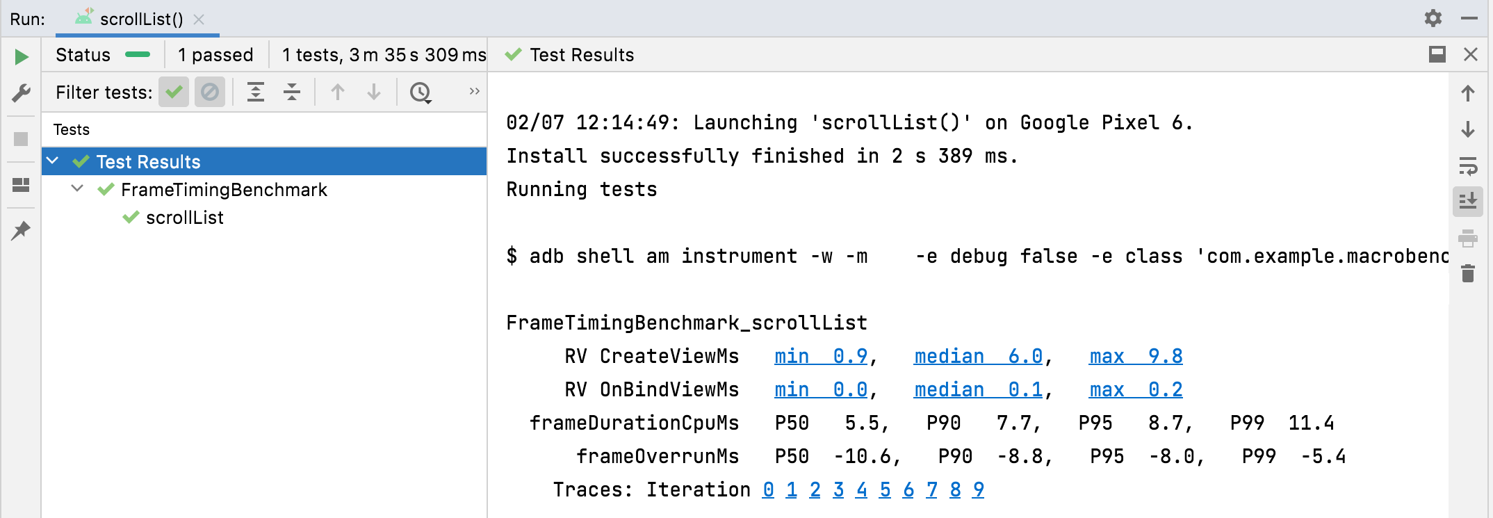 Risultati di TraceSezioneMetric e metrica FrameTiming.