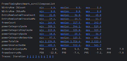 Результаты функций TraceSectionMetric и FrameTimingMetric.