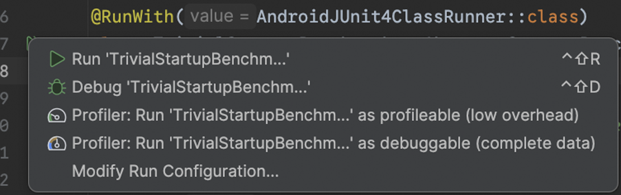 Run Macrobenchmark with gutter action next to test class.
