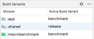 release と benchmark の buildTypes が選択されたマルチモジュール プロジェクトのベンチマーク バリアント