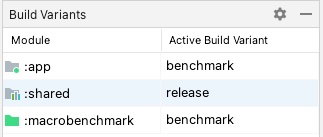 Confronta le varianti per un progetto multi-modulo con i tipi di build di release e benchmark selezionati