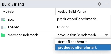 Variantes de comparação do projeto com variações de produtos mostrando as opções "productBenchmark" e "release" selecionadas