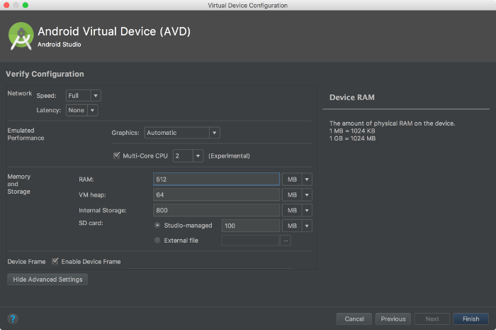 Configuração de memória do AVD Manager.