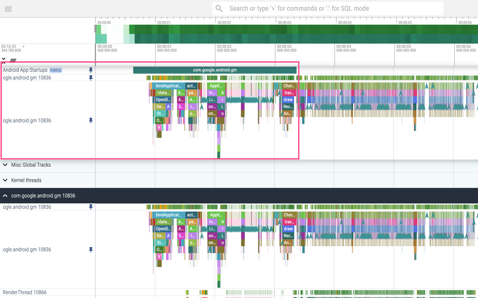 Android App Startups and main thread rows pinned.