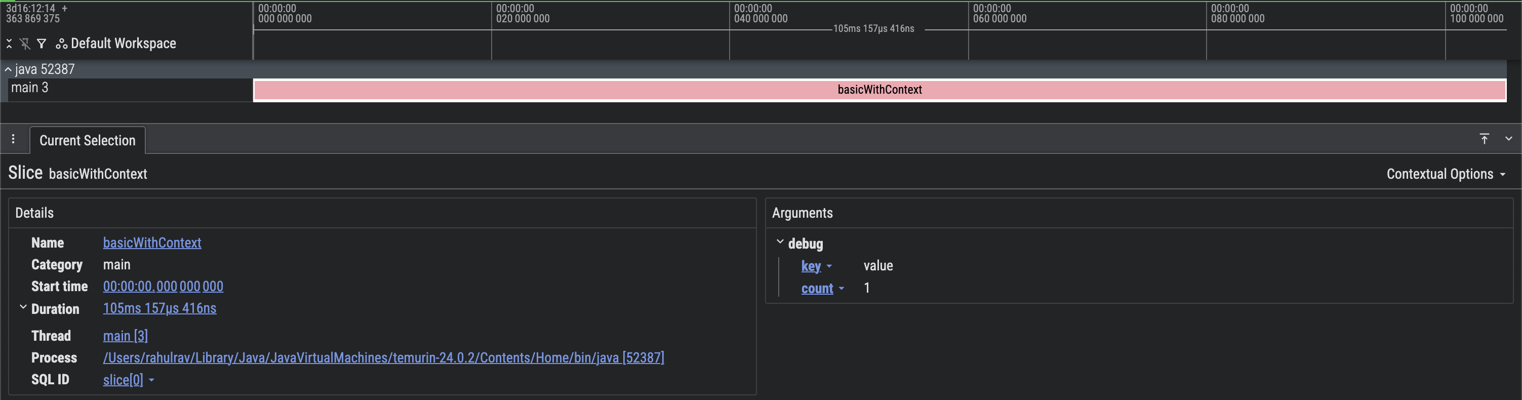 Screenshot rekaman aktivitas Perfetto dasar dengan metadata tambahan