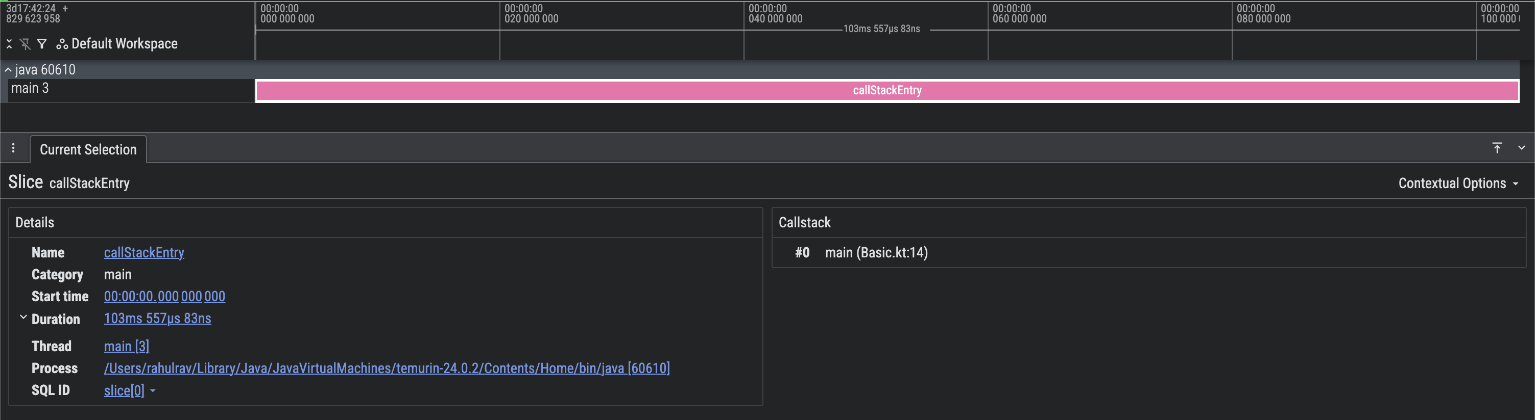 Screenshot rekaman aktivitas Perfetto dengan informasi stack panggilan