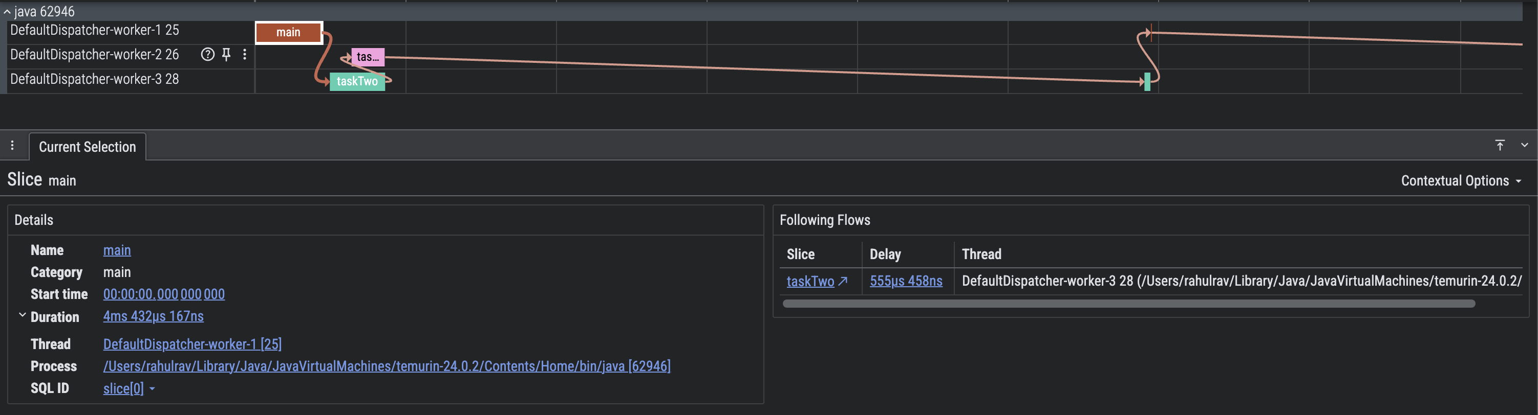 Captura de tela de um rastreamento do Perfetto com propagação de contexto