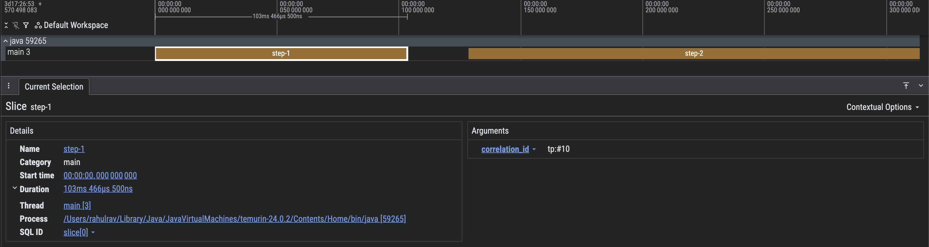 Captura de pantalla de un registro de Perfetto con segmentos correlacionados