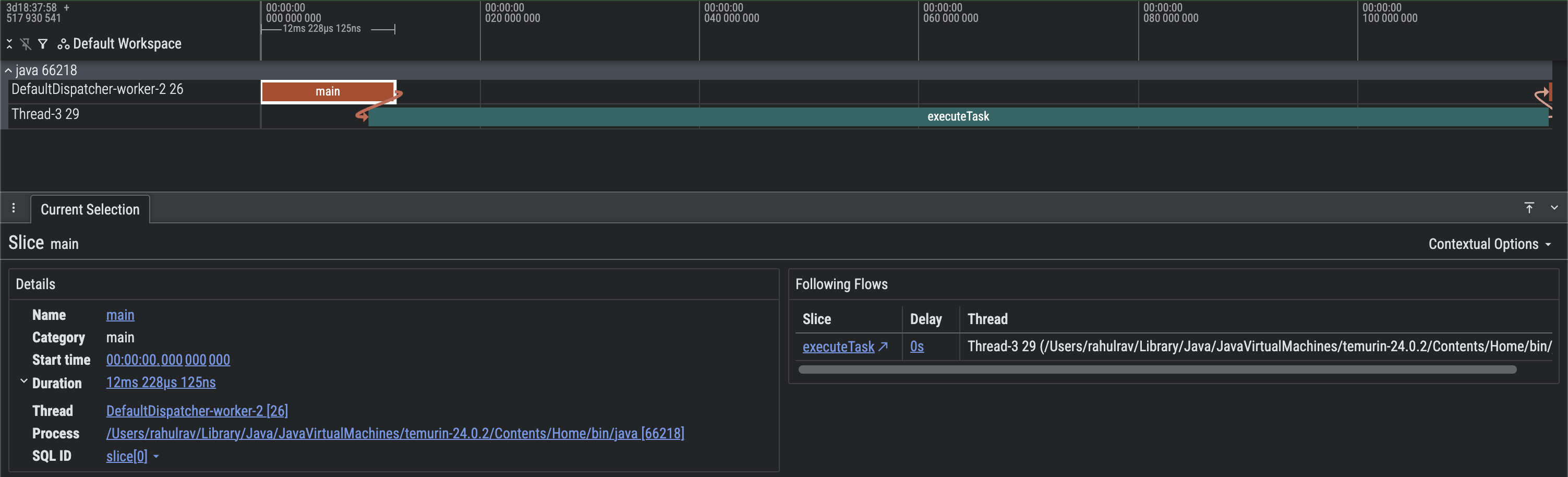 Screen capture of a Perfetto trace with manual context propagation