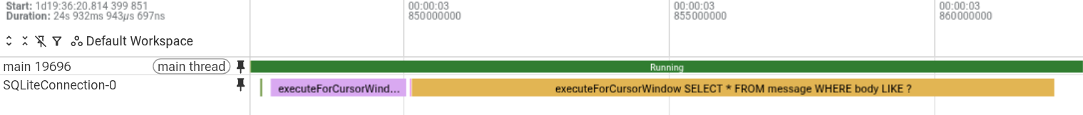 As faixas da linha de execução principal e do SQLiteConnection-0 no Perfetto, mostrando uma
consulta LIKE que verifica toda a tabela por 12 milissegundos na linha de execução
principal