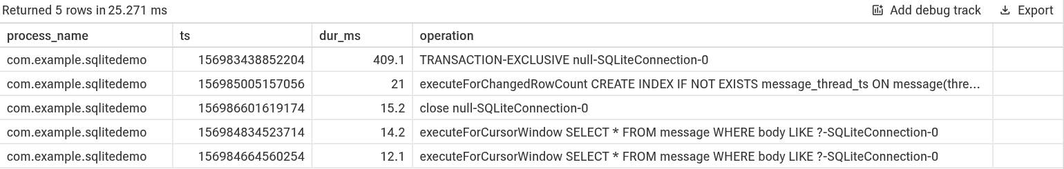 Um resultado de consulta do Perfetto que lista operações do SQLite com mais de 1
milissegundo na linha de execução principal de um app de
teste