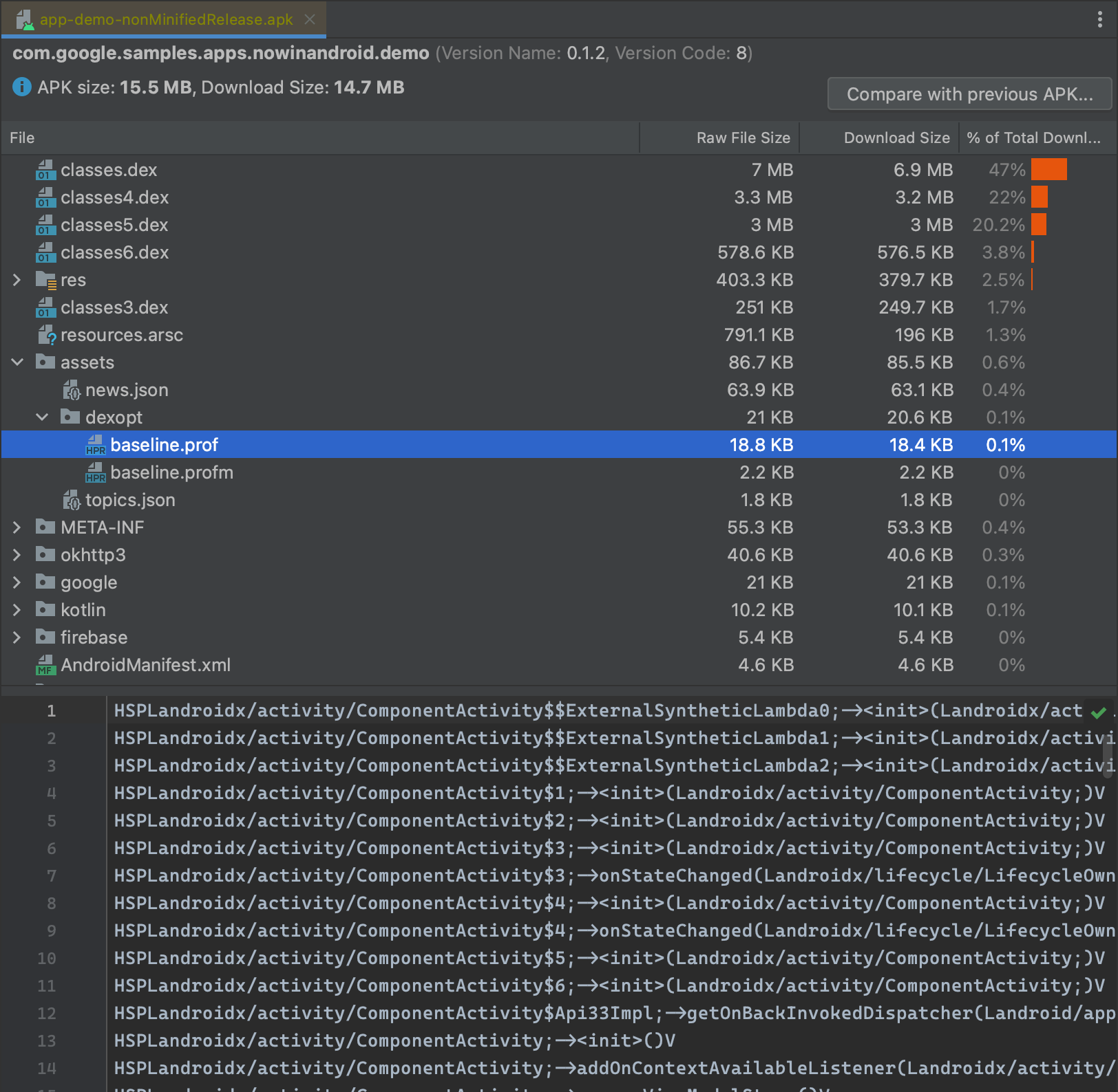 Check for a Baseline Profile using APK Viewer in Android Studio